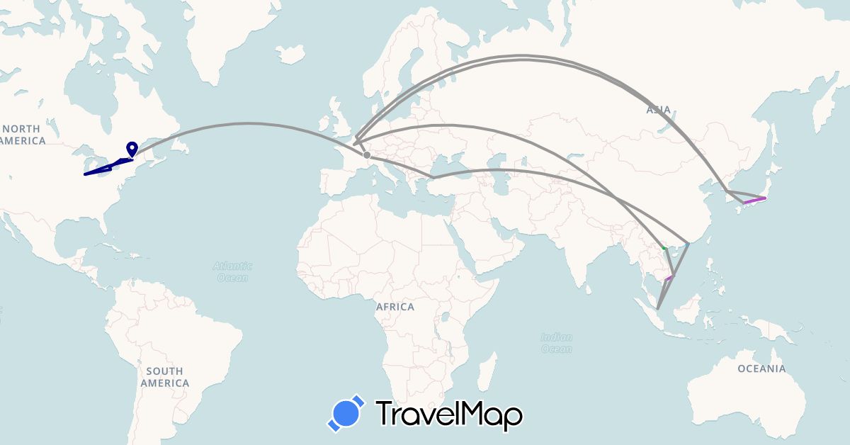 TravelMap itinerary: driving, bus, plane, train, boat in Canada, Switzerland, France, Hong Kong, Singapore, Turkey, United States, Vietnam (Asia, Europe, North America)